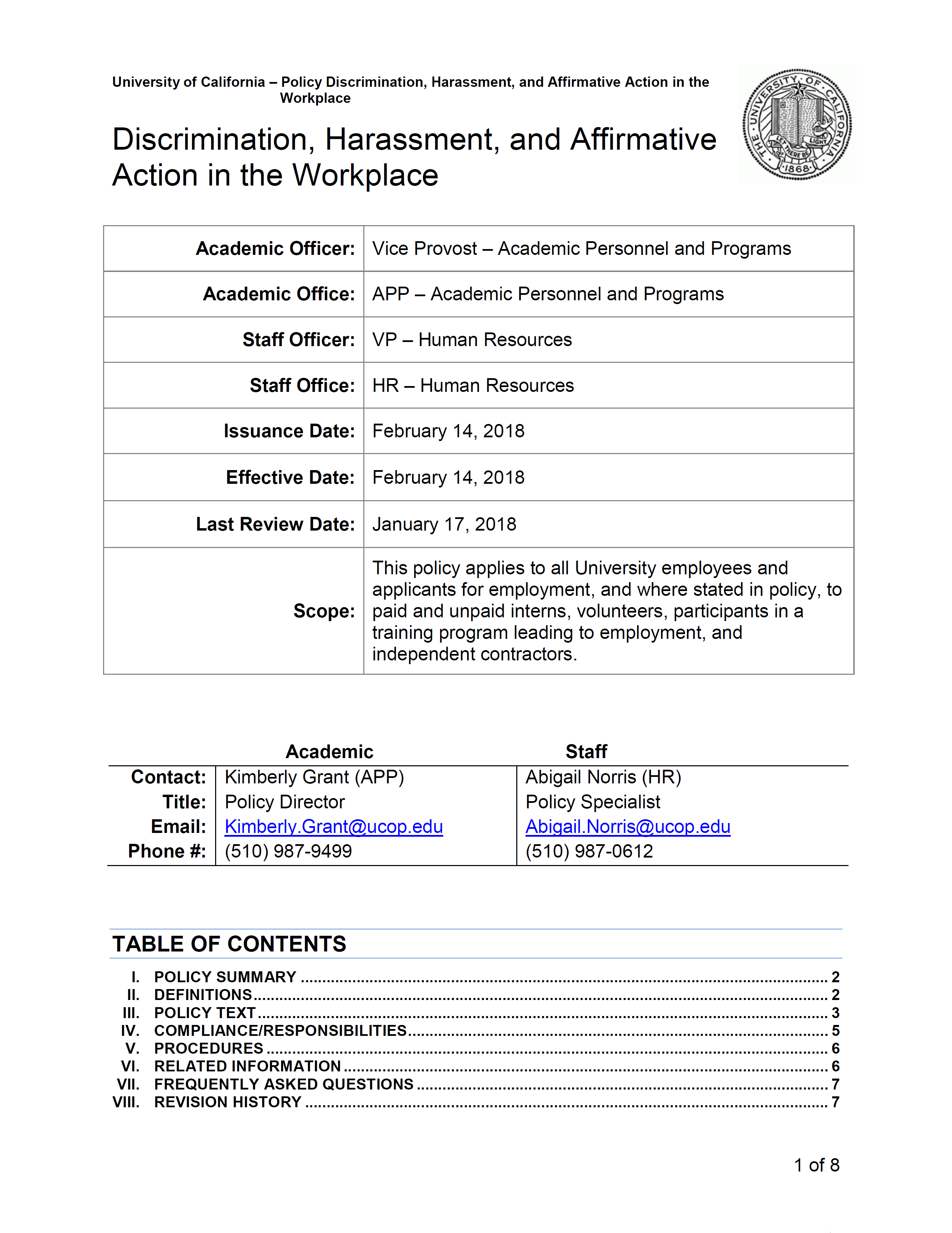 UC Discrimination, Harassment, and Affirmative Action in the Workplace Policy