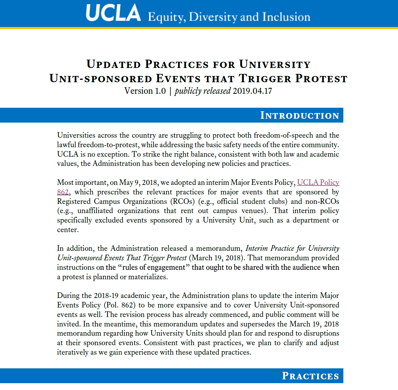 Cover sheet of Updated Practices for University Unit-Sponsored Events That Trigger Protests document