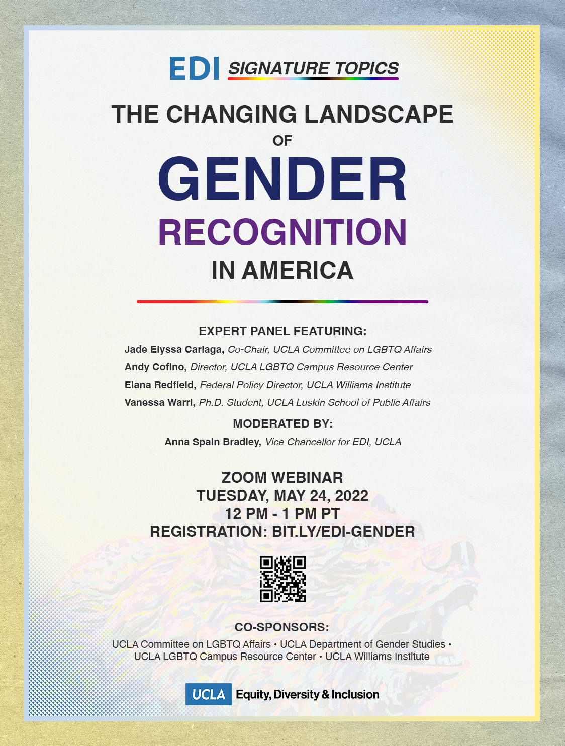 flyer for edi signature topics - the changing landscape of gender recognition in america, taking place on tuesday, may 24, 2022 at 12 pm