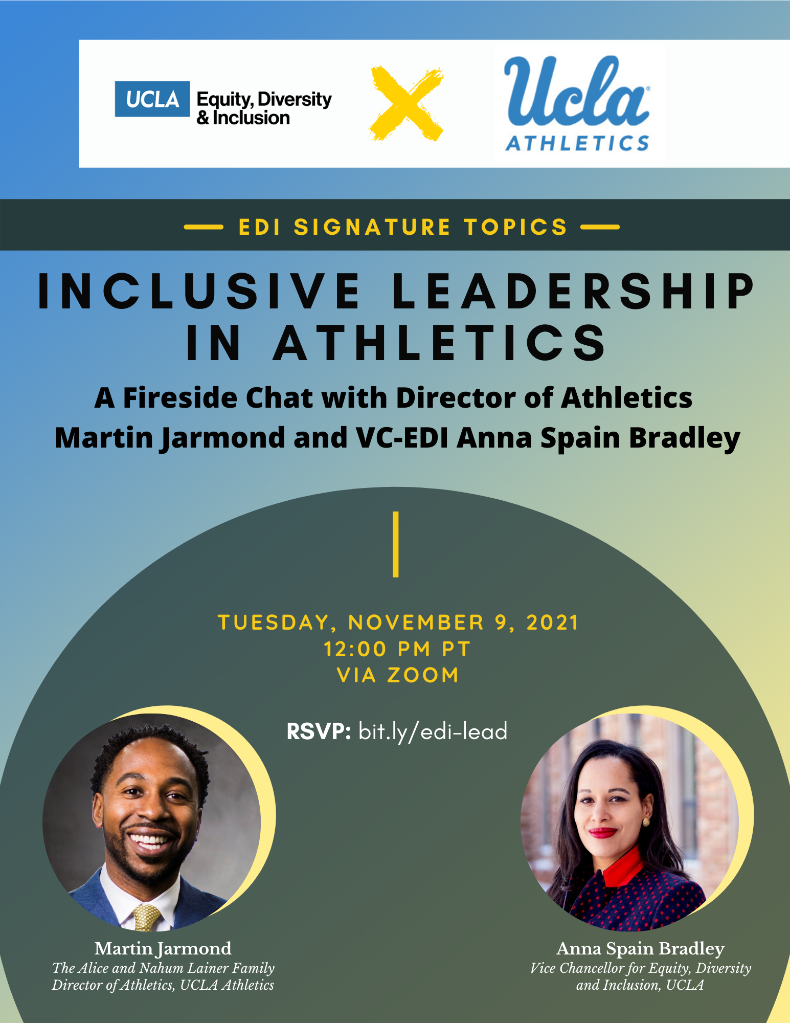flyer for edi signature topcis - inclusive leadership in sports: a fireside chat with director of athletics martin jarmond and vc-edi anna spain bradley