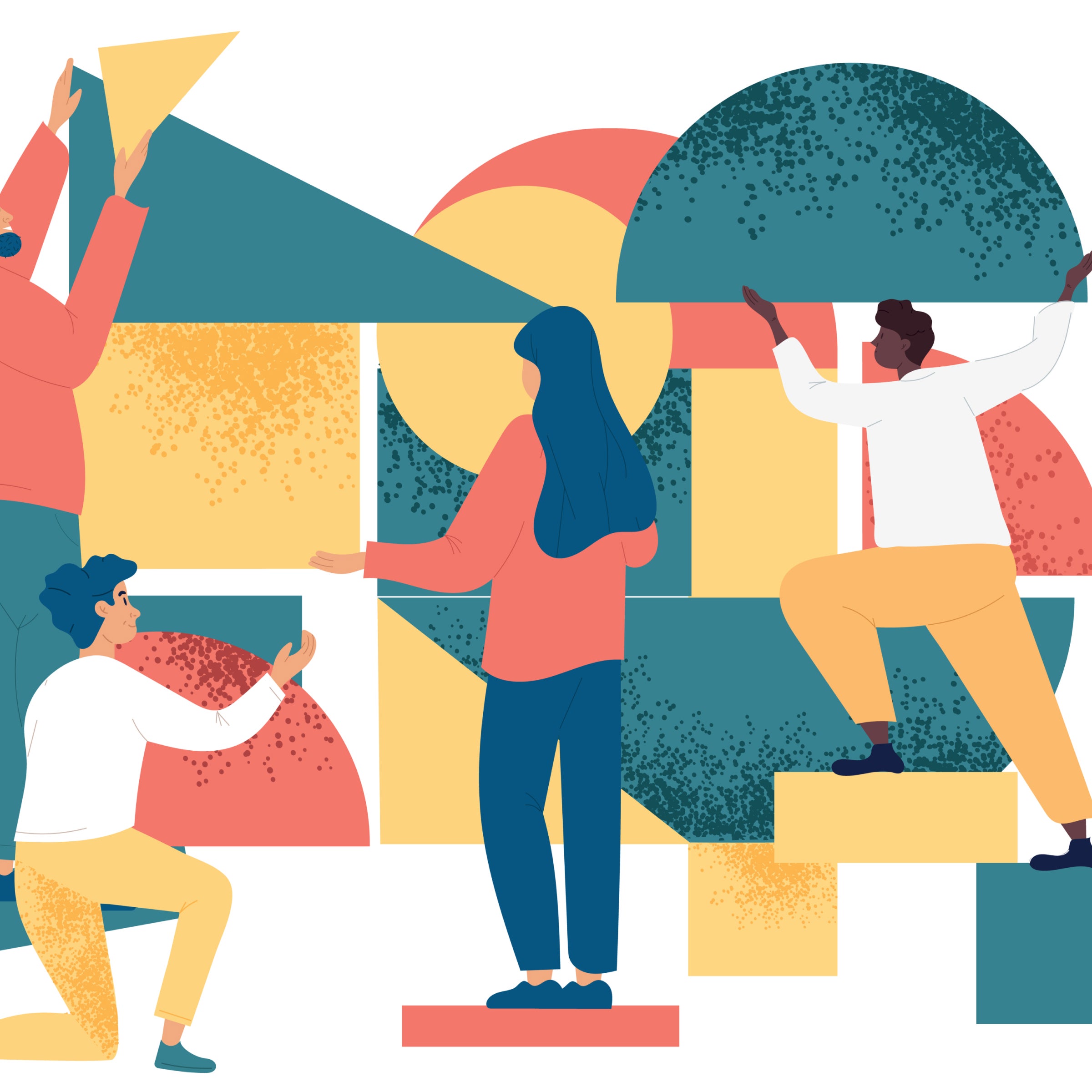 illustration of a four diverse people with giant shapes putting a structure together