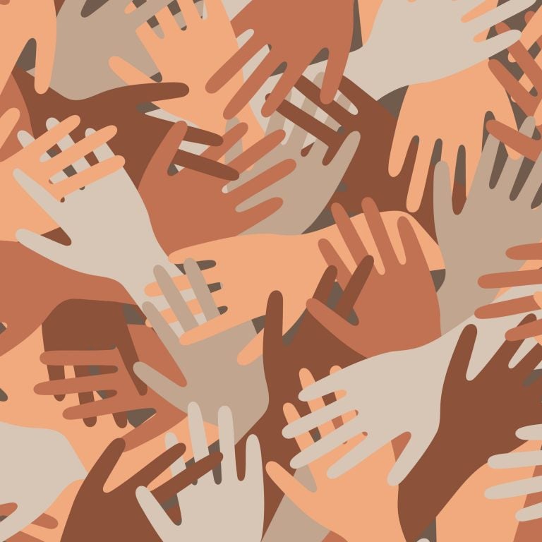 illustration of overlapping, numerous hands coming together on top of one another