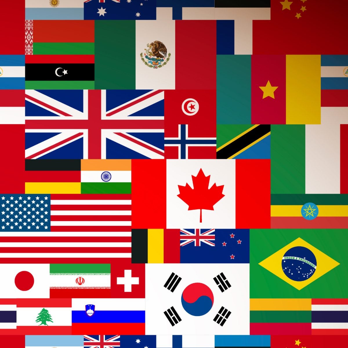 a number of international countries' flags overlapping and joined together
