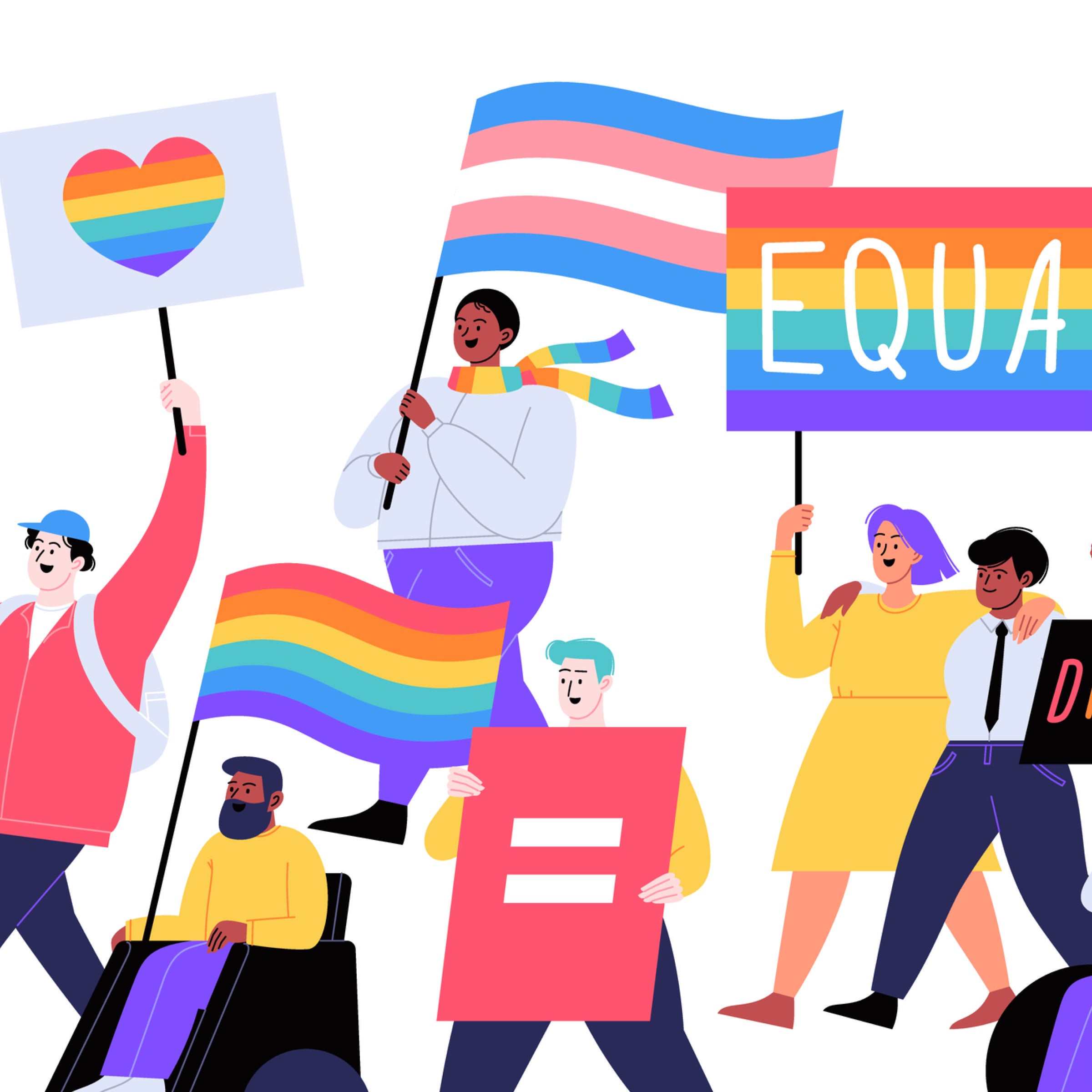 illustration of a diverse group of people demonstrating on behalf of the lgbtqia+ community