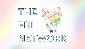 A map of UCLA overlaid with a rainbow gradient. “The EDI Network"