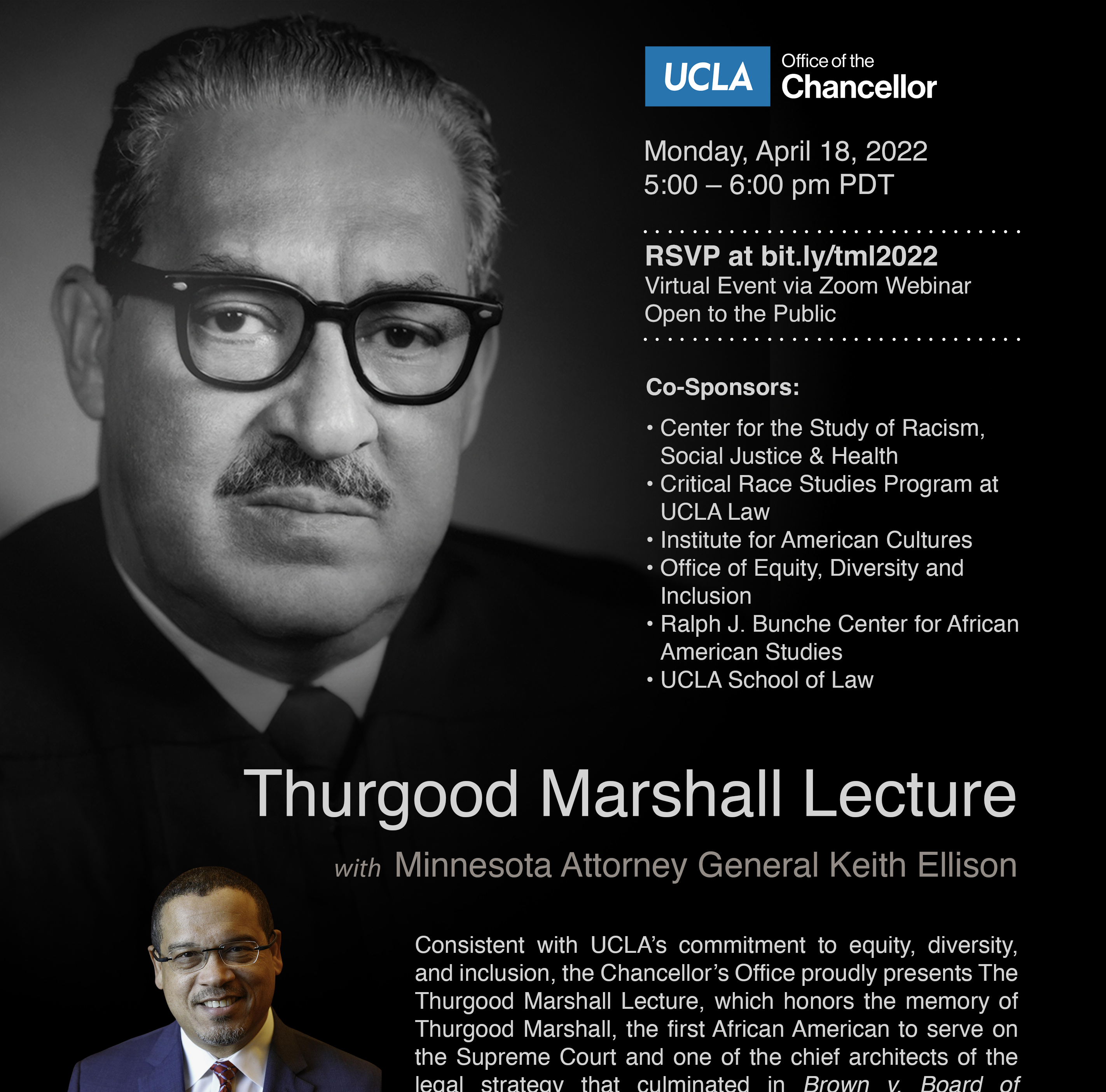 flyer for 2022 thurgood marshall lecture, featuring Minnesota Attorney General Keith Ellison, taking place on Monday, April 18, 2022