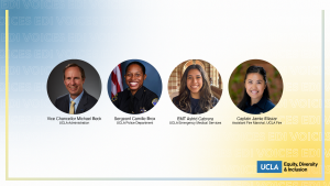 edi voices april issue on ucla first responders, featuring vice chancellor michael beck, sergeant camille brox, emt astrid cabrera, and assistant fire marshal jamie ellazar