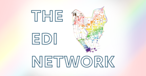 A map of UCLA overlaid with a rainbow gradient. “The EDI Network"