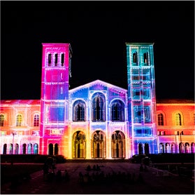royce hall in rainbow colored lights