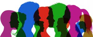 illustration of group of colorful profile silhouette faces overlapping with one another
