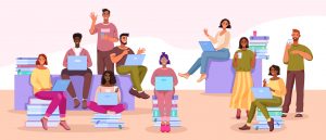 illustration of diverse group of students learning online, communicating on the internet, and reading books