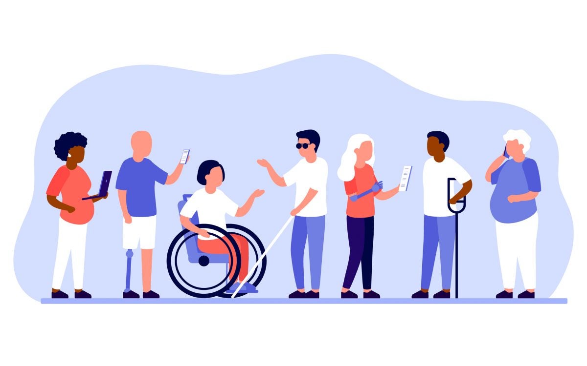 illustration of group of diverse people with disabilities working together in office