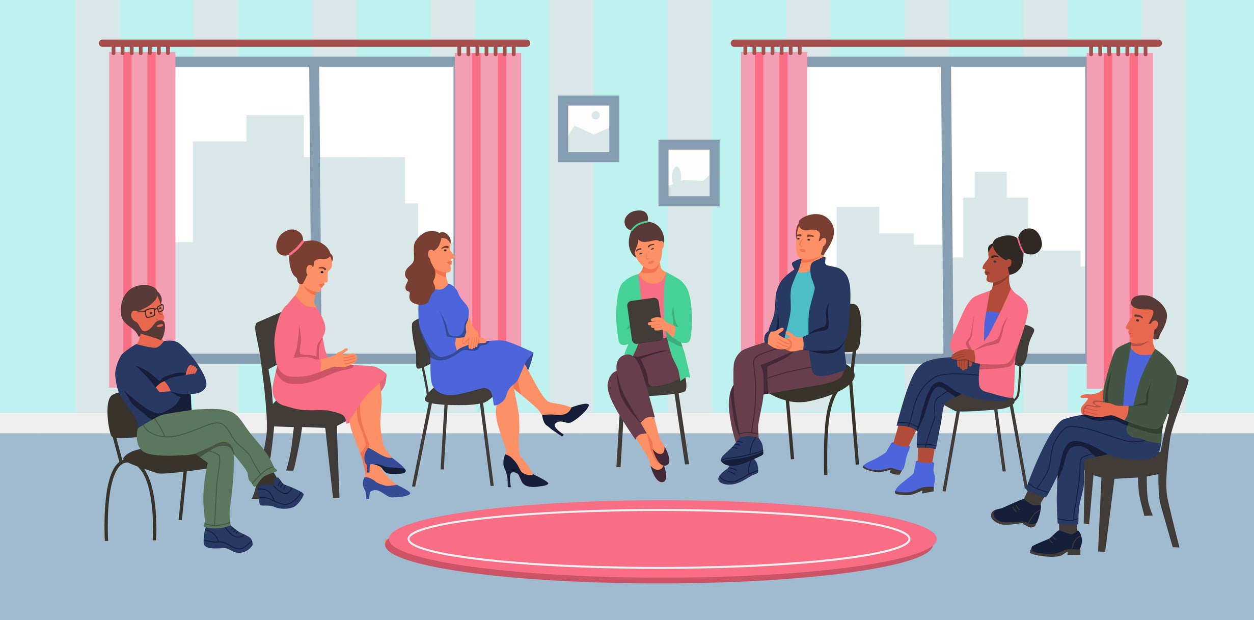 illustration of diverse people sitting in a group therapy or counseling session