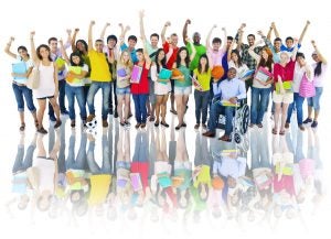 Diverse Group of High School Students with Arms Raised