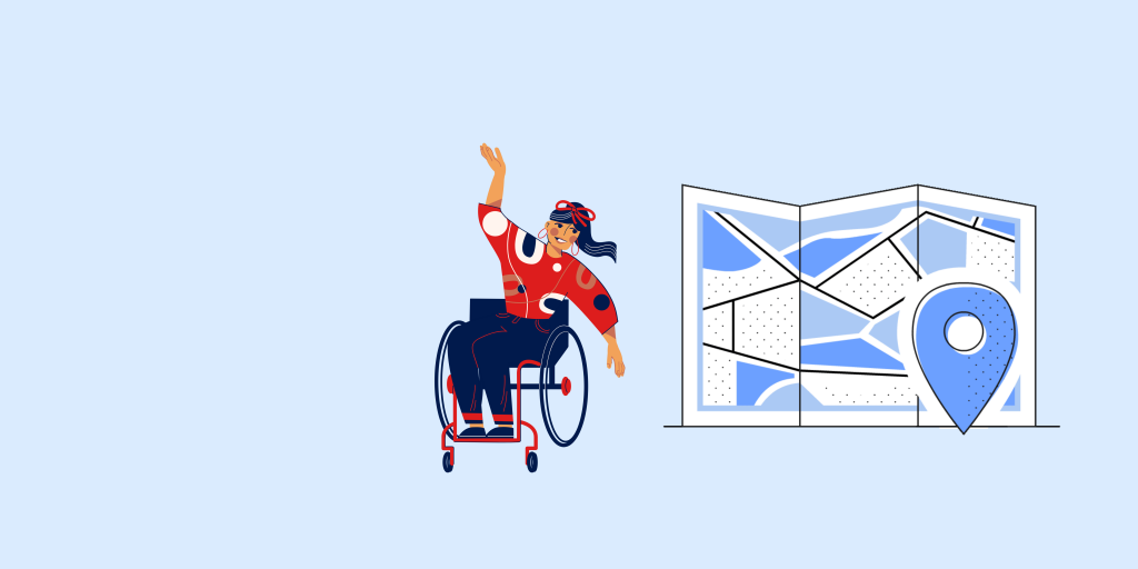 graphic of woman in wheelchair and map