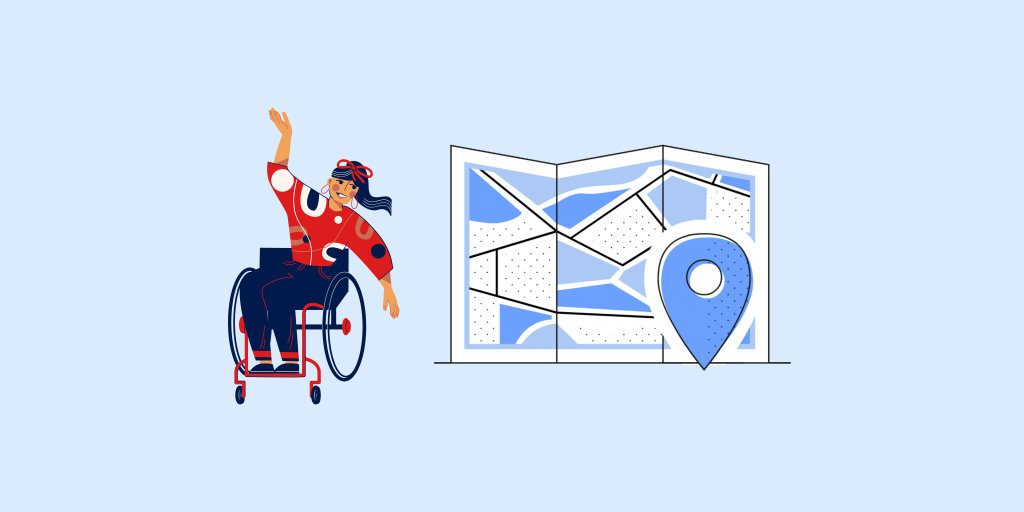 graphic of woman in wheelchair and map