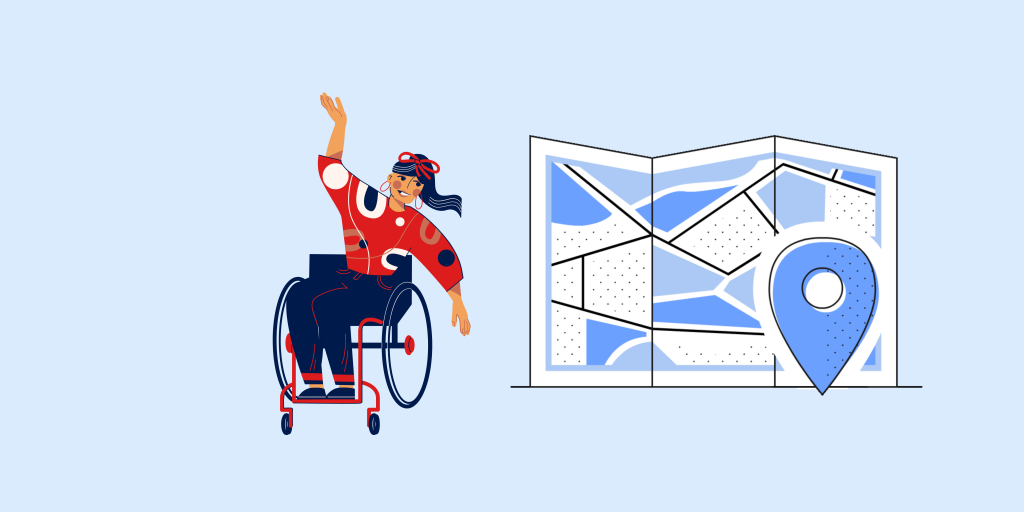 graphic of woman in wheelchair and map