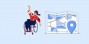 graphic of woman in wheelchair and map