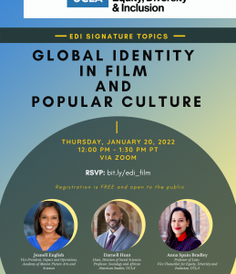 flyer for edi signature topics - Global Identity in Film and Popular Culture, taking place on thursday, january 20, 2022 at 12 pm