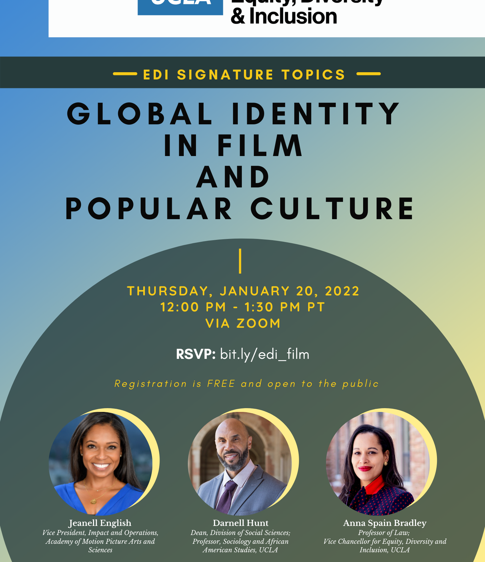 flyer for edi signature topics - Global Identity in Film and Popular Culture, taking place on thursday, january 20, 2022 at 12 pm