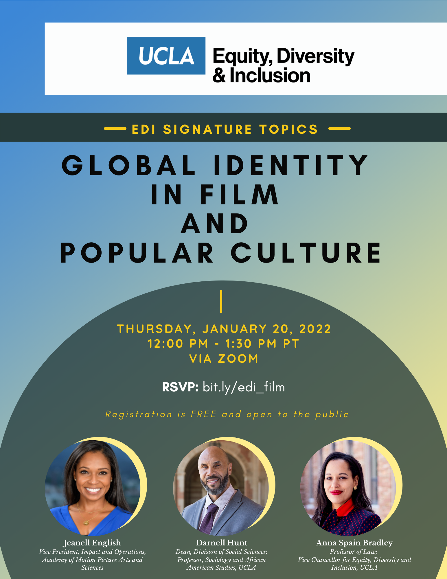 flyer for edi signature topics - Global Identity in Film and Popular Culture, taking place on thursday, january 20, 2022 at 12 pm