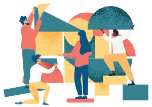 illustration of a four diverse people with giant shapes putting a structure together