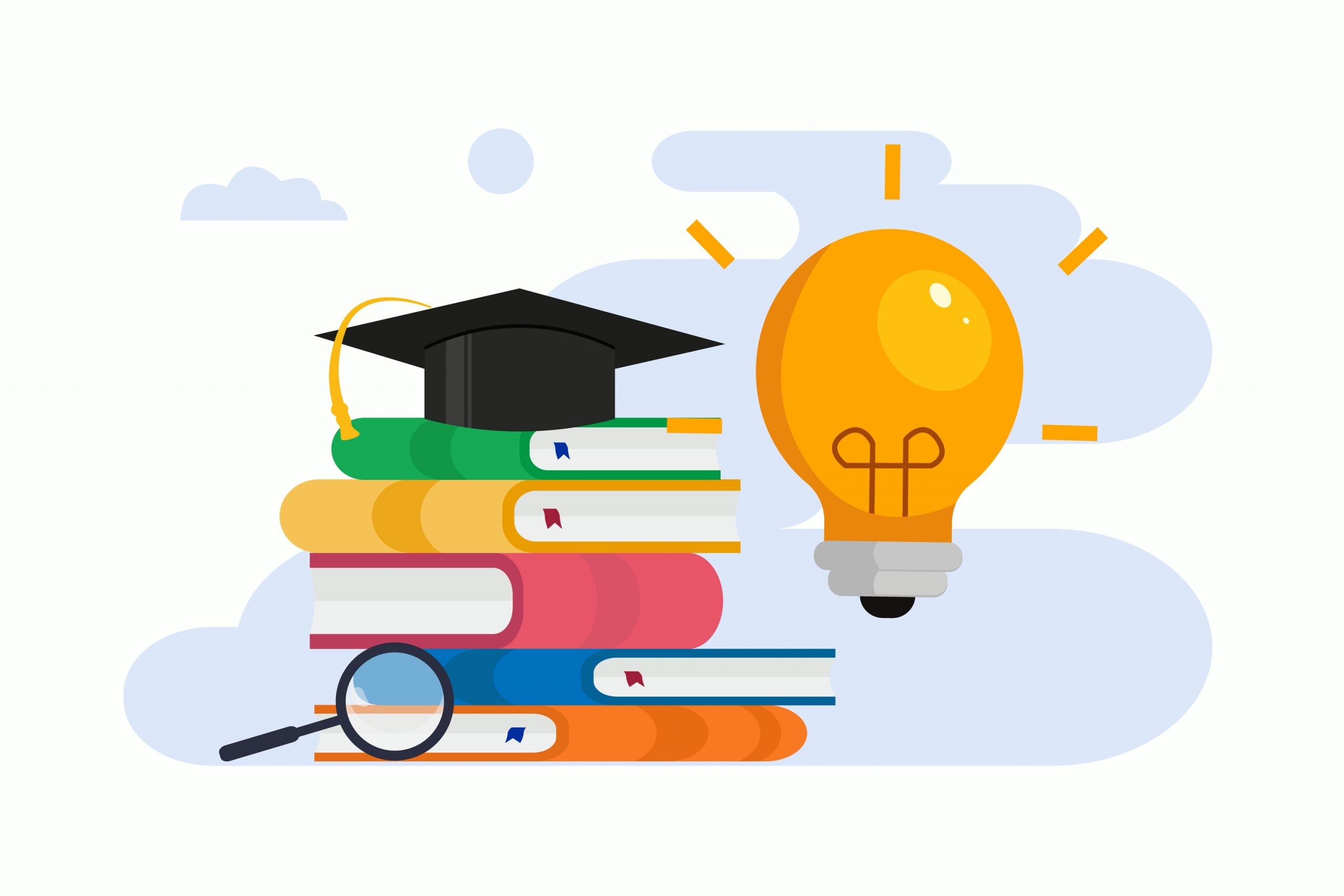 graphic of a stack of books, a magnifying glass, a graduation cap, and a lightbulb