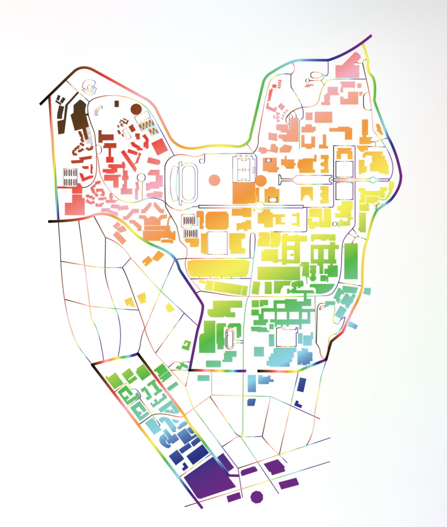 the edi network, featuring a map of ucla with a lgbtqia+ pride rainbow gradient