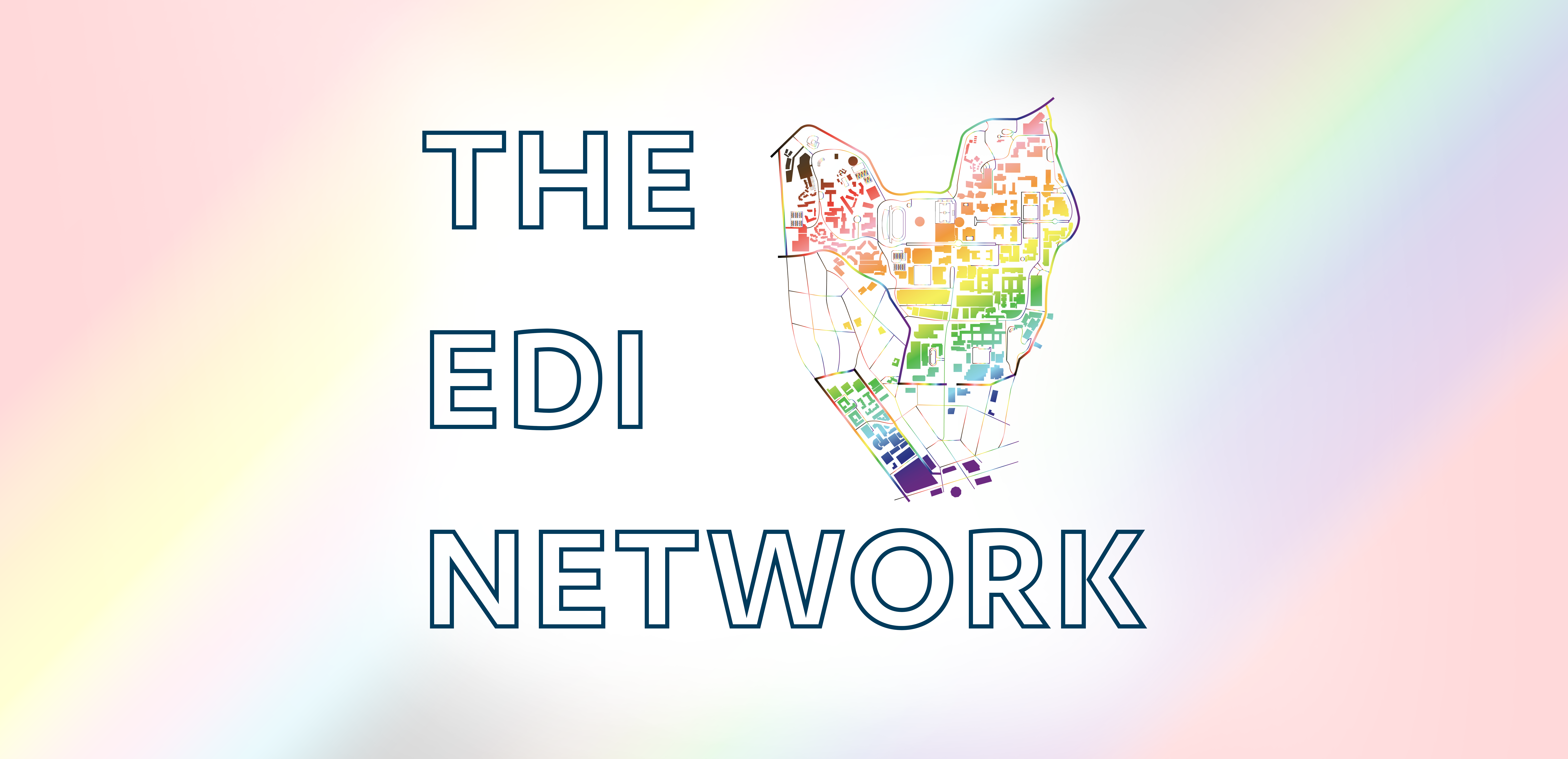 the edi network, featuring a map of ucla with a lgbtqia+ pride rainbow gradient