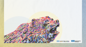 rainbow gradient-colored bruin bear, with logos for edi signature topics and the office of equity, diversity and inclusion