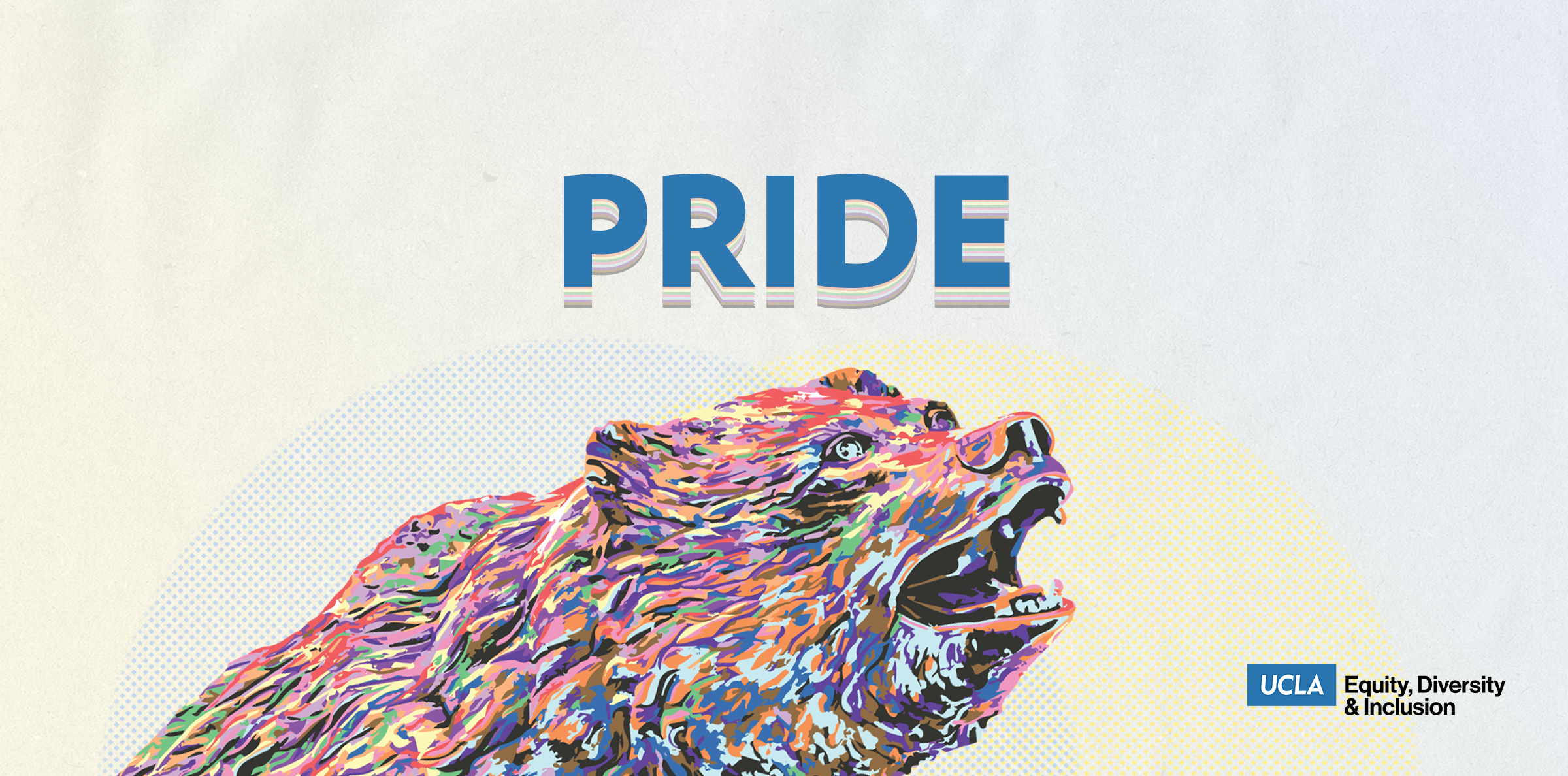 graphic celebrating pride month with rainbow-colored bruin bear