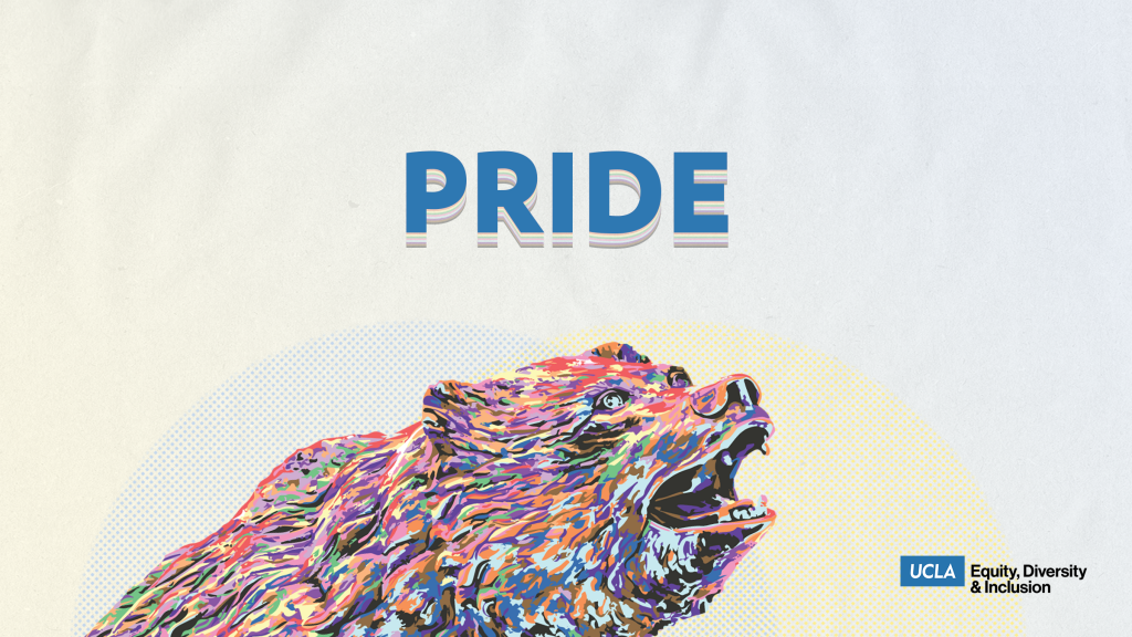 graphic celebrating pride month with rainbow-colored bruin bear