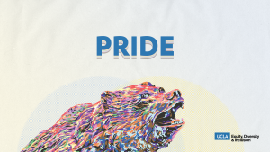 graphic celebrating pride month with rainbow-colored bruin bear