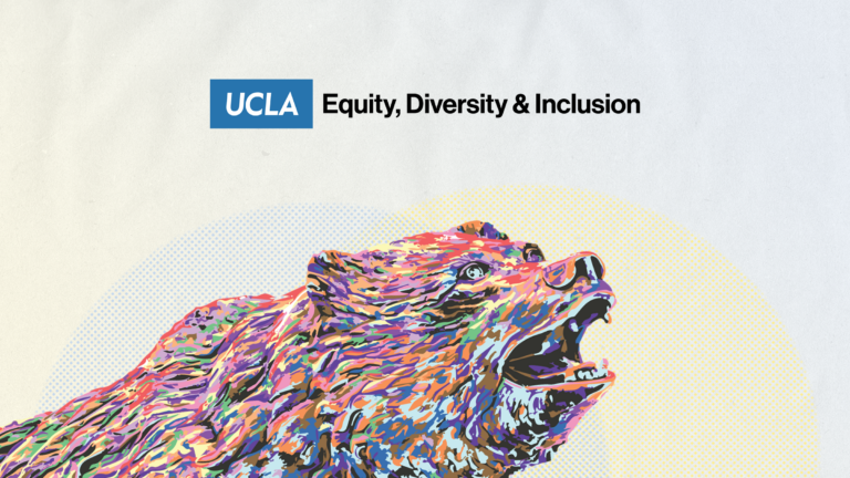 rainbow gradient-colored bruin bear, with logo for edi office
