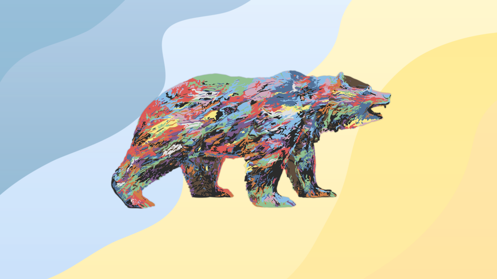 rainbow gradient-colored bruin bear across a gradient yellow and blue background
