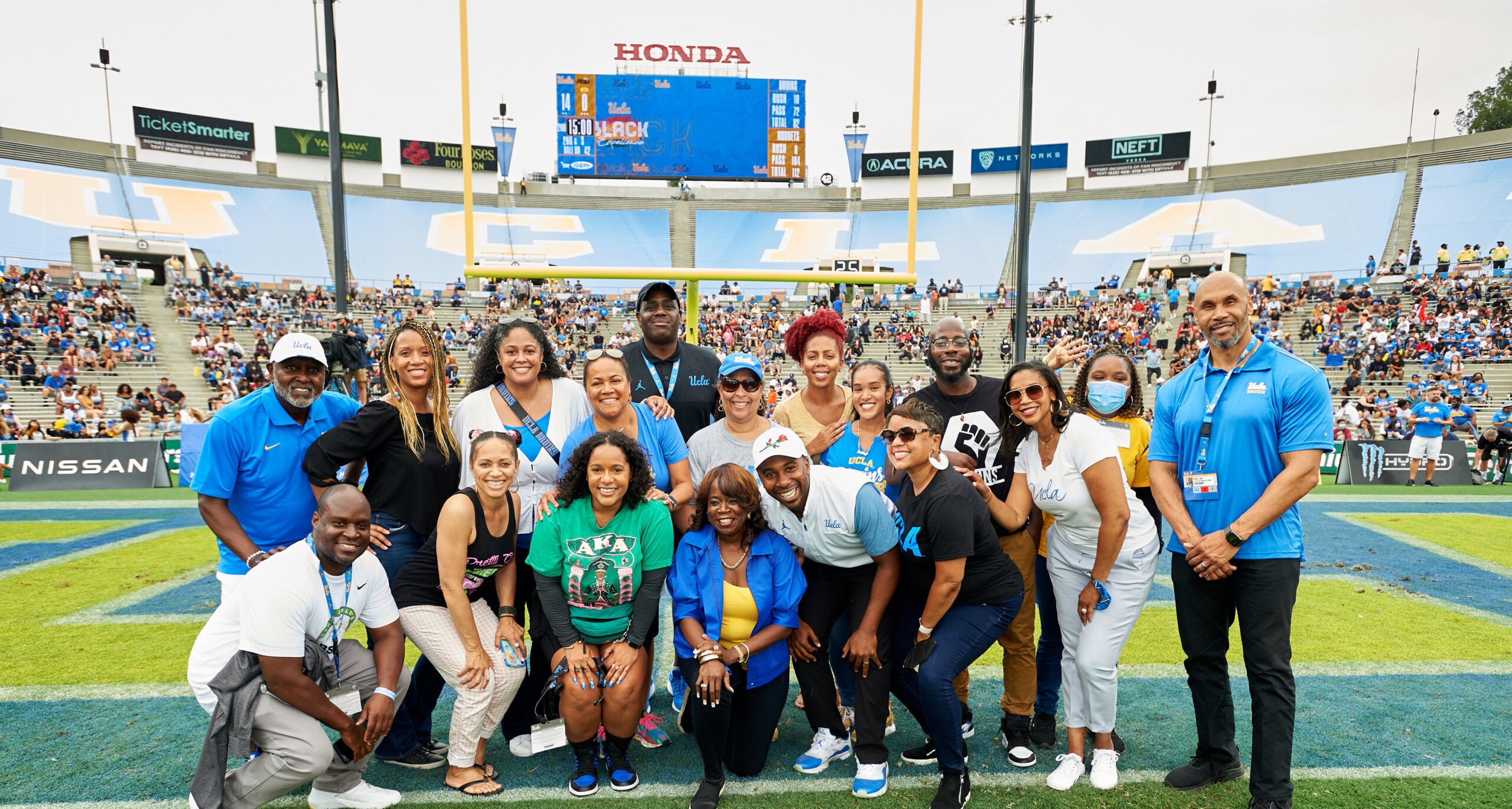 dion-cherie raymond, candi smiley, and other recipients of the ucla athletics black excellence achievement award on saturday, september 10, 2022, during the black excellence football game between ucla and alabama state university at the rose bowl