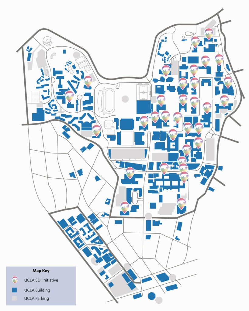 mao of ucla, overlaid with rainbow-gradient pins featuring the bruin bear - designating EDI initiatives across campus locations