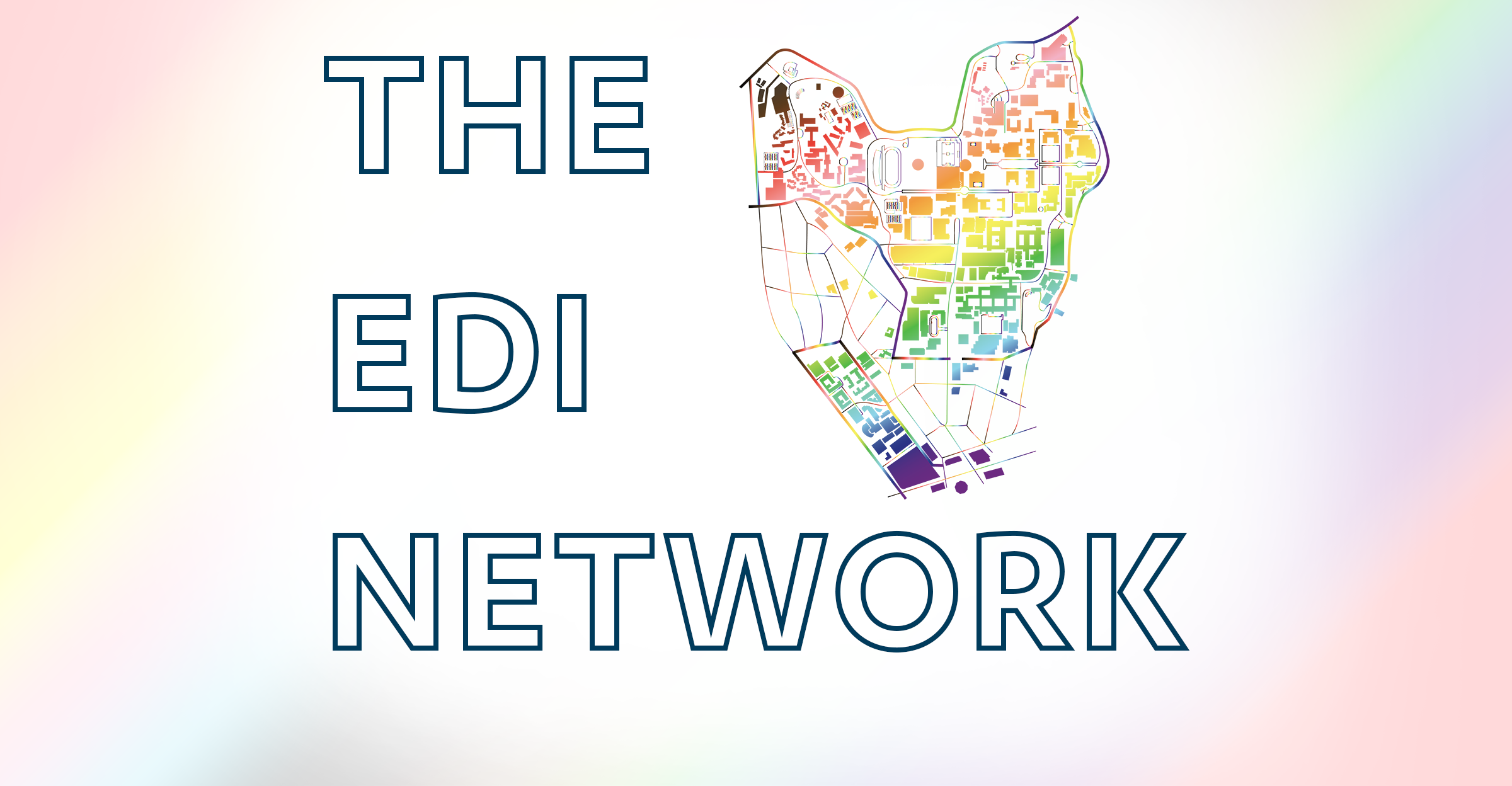 A map of UCLA overlaid with a rainbow gradient. “The EDI Network