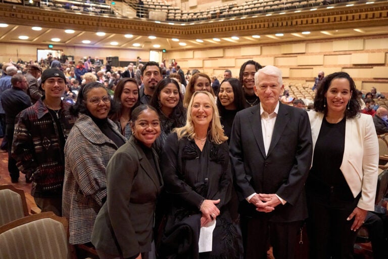 photo capture from the music and justice concert on february 26, 2023 in ucla royce hall, featuring chancellor gene block, vice chancellor for edi anna spain bradley, and bruin vip guests
