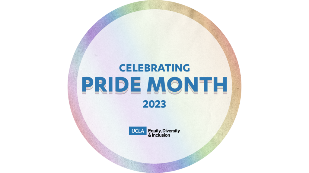 graphic celebrating pride month june 2023 with rainbow-colored gradient border