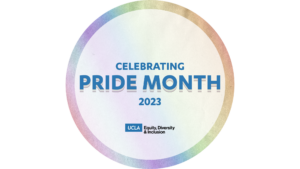 graphic celebrating pride month june 2023 with rainbow-colored gradient border