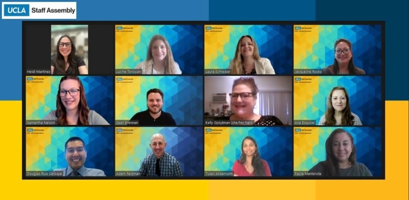 12 executive board members of ucla's staff assembly on zoom screens during a zoom board meeting