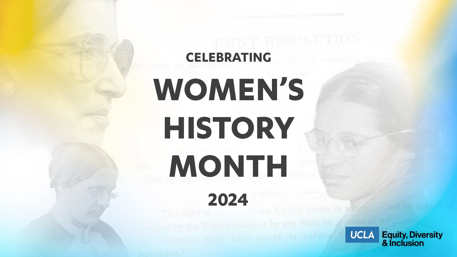 graphic celebrating women's history month (march 2024), featuring photos of rosa parks, ruth bader ginsburg, and susan b. anthony
