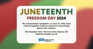 graphic commemorating juneteenth freedom day 2024. we commemorate juneteenth, on june 19, 1865, when enslaved peoples of african descent in texas finally gained their freedom. we remember them. we honor their memory. we celebrate freedom for all.