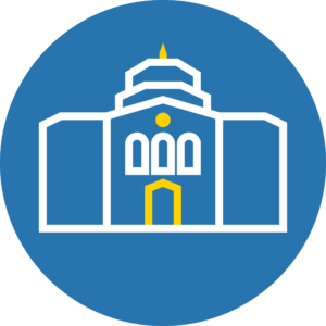 powell library graphic in a blue background circle