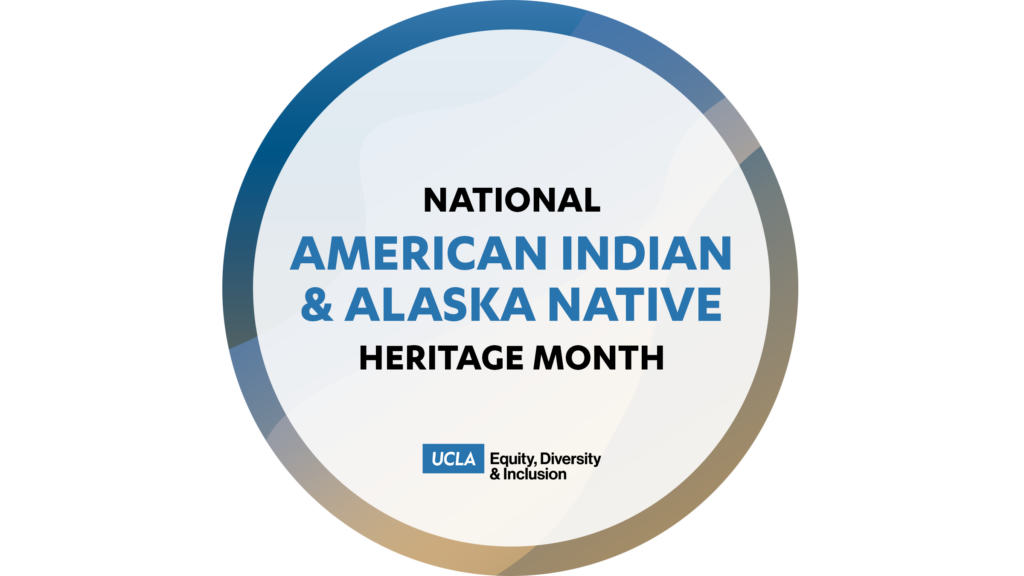 circle graphic: national american indian & alaska native heritage month, with a logo for the ucla office of equity, diversity and inclusion, surrounded by a color-gradient circle-border