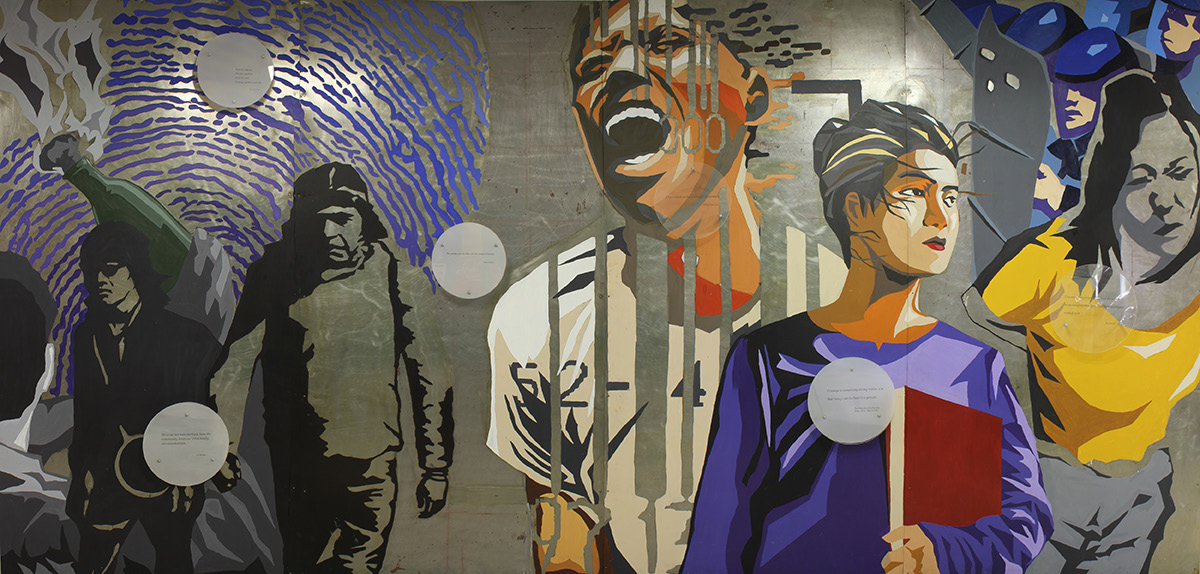mural image depicing themes of asian american, native american, and pacific islander experience and achievement