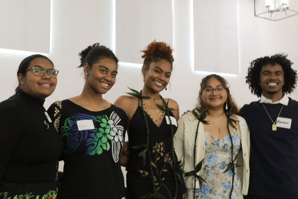 Undergraduate students Ultei, Karyss, Jiorden, Lavon, and Amarii from the Pacific Islander Student Association at the UCLA Pasifika Studies Community Reception on October 19.