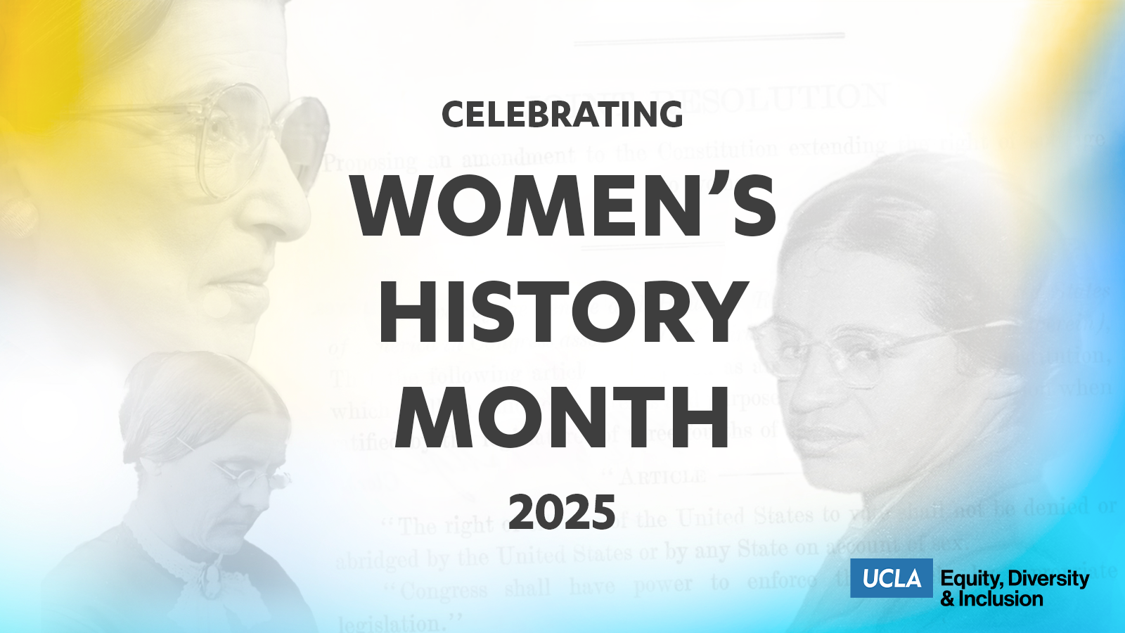 graphic celebrating women's history month (march 2025), featuring photos of rosa parks, ruth bader ginsburg, and susan b. anthony