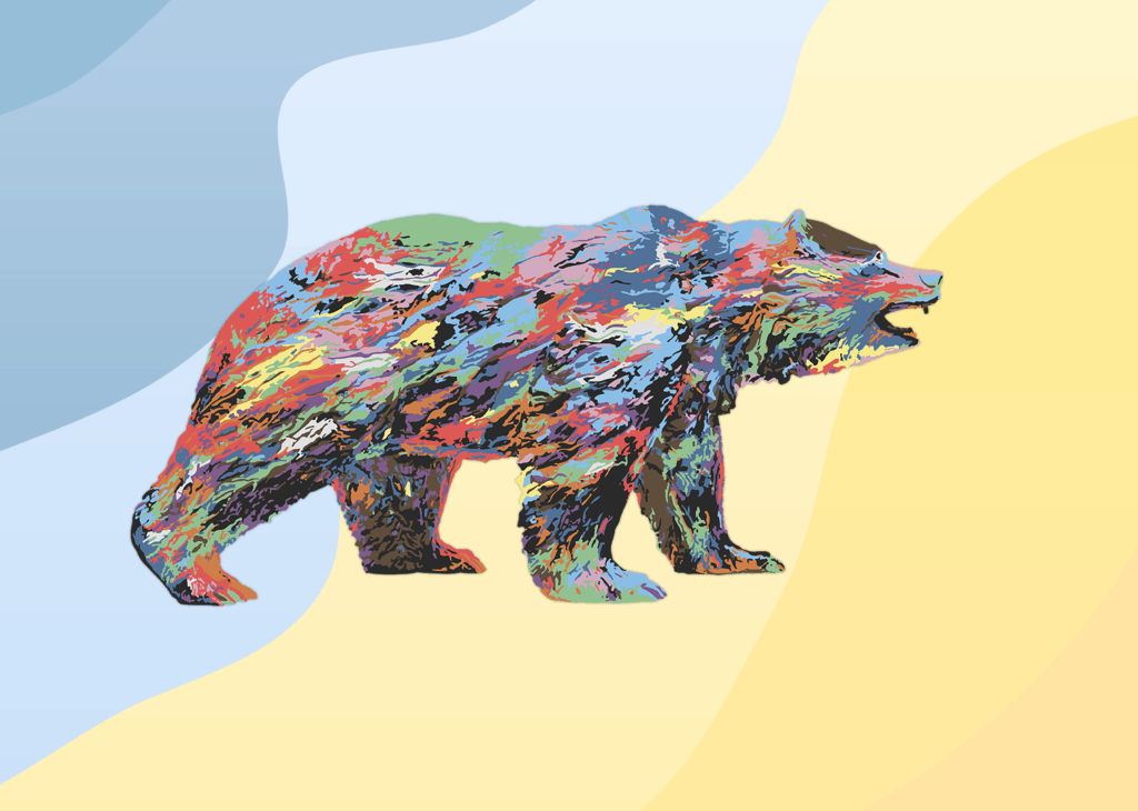 rainbow gradient-colored bruin bear across a gradient yellow and blue background